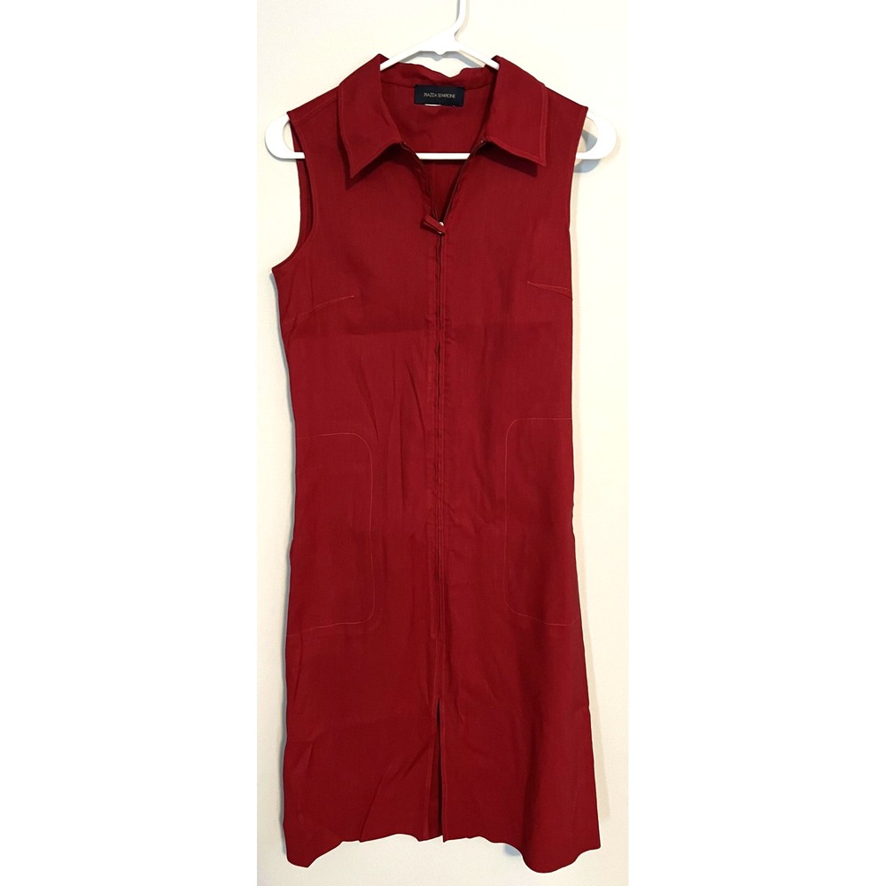 Piazza Sempione Dress Womens Medium Red Sleeveless Zip Front Pockets Midi Italy